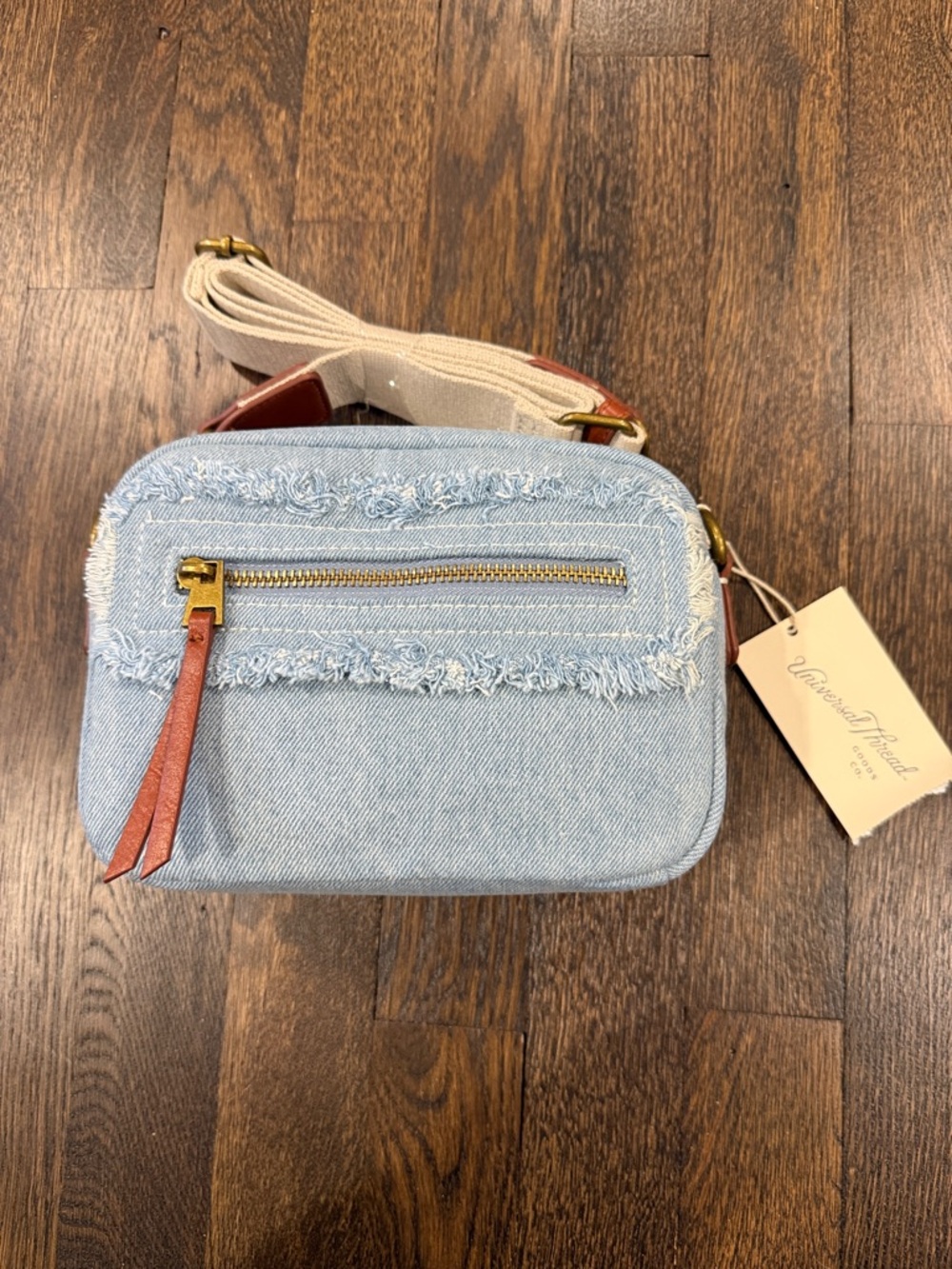 NWT: Universal Thread Light Denim Crossbody Bag with Brown Trim